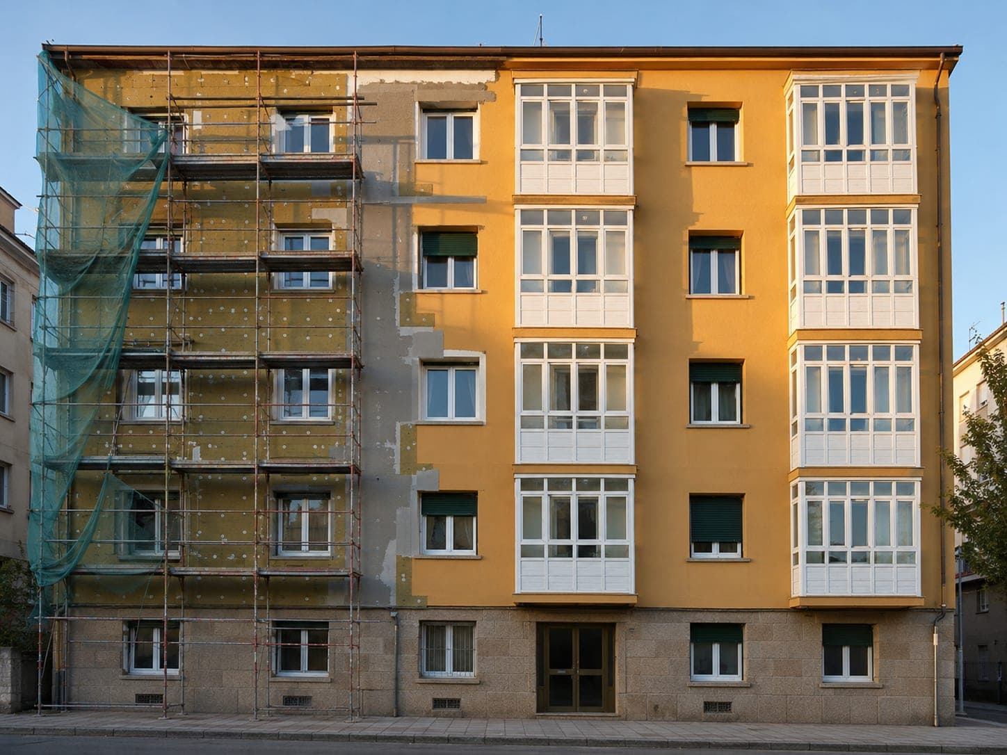Fachada de un edificio de viviendas en plena rehabilitación: la mitad izquierda con andamios y el aislamiento a la vista, la mitad derecha ya renovada y pintada, con galerías acristaladas blancas.